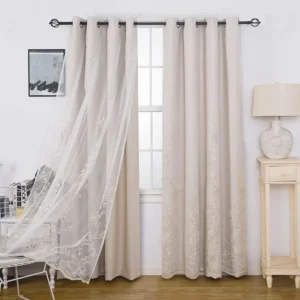 Double Layered Curtains with Embroidered White Sheer Tulle, Room Darkening Grommet Top Curtains Drapes, 2Panels