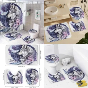 4-piece wolf-themed shower curtain set