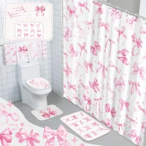 8 Pcs Pink Bow Shower Curtain Set
